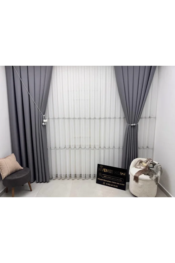 NIVEMESHOME OLIVIA 2025 V-3 SILVER DETAILED 1/3 TIGHT GATHERED TULLE CURTAIN APM