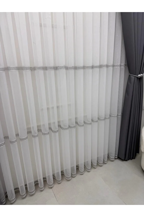 NIVEMESHOME OLIVIA 2025 V-3 SILVER DETAILED 1/3 TIGHT GATHERED TULLE CURTAIN APM