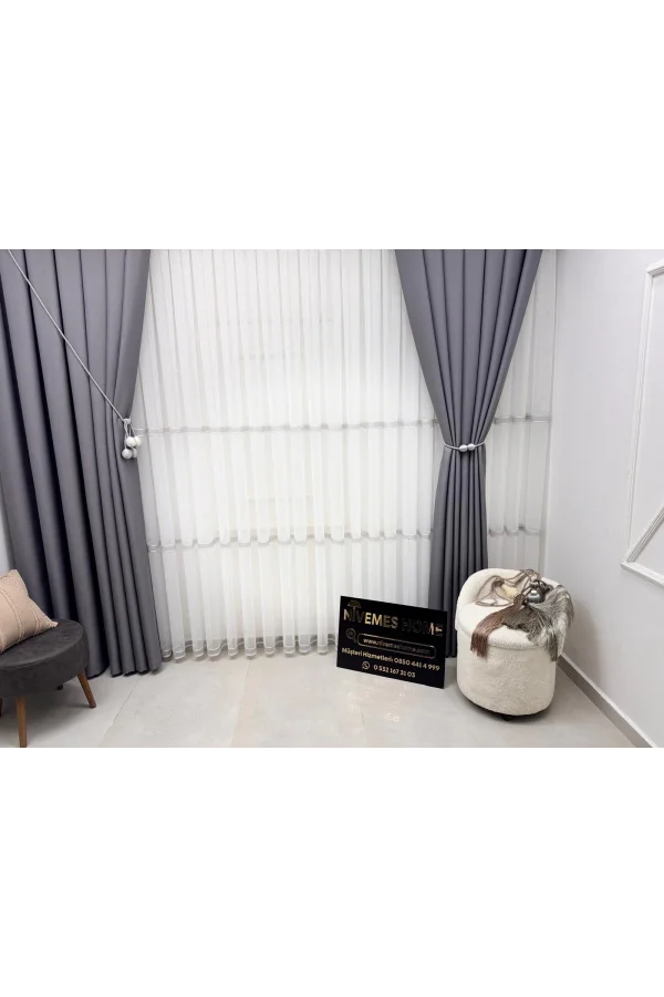 NIVEMESHOME OLIVIA 2025 V-3 SILVER DETAILED 1/3 TIGHT GATHERED TULLE CURTAIN APM