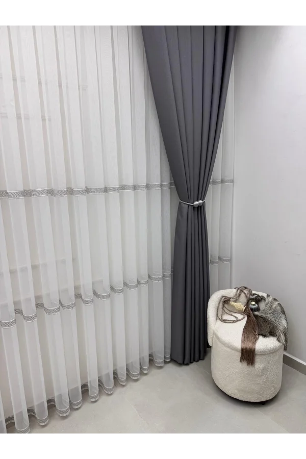 NIVEMESHOME OLIVIA 2025 V-3 SILVER DETAILED 1/3 TIGHT GATHERED TULLE CURTAIN APM