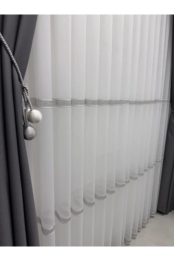 NIVEMESHOME OLIVIA 2025 V-3 SILVER DETAILED 1/3 TIGHT GATHERED TULLE CURTAIN APM