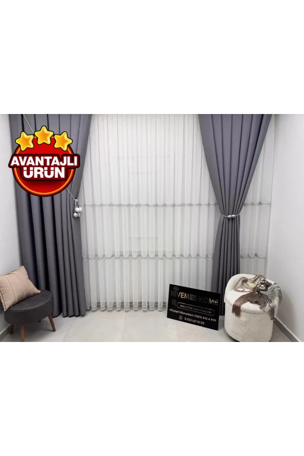 NIVEMESHOME OLIVIA 2025 V-3 SILVER DETAILED 1/3 TIGHT GATHERED TULLE CURTAIN APM