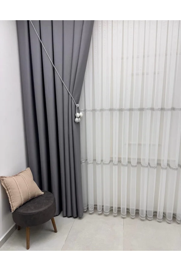 NIVEMESHOME OLIVIA 2025 V-3 SILVER DETAILED 1/3 TIGHT GATHERED TULLE CURTAIN APM