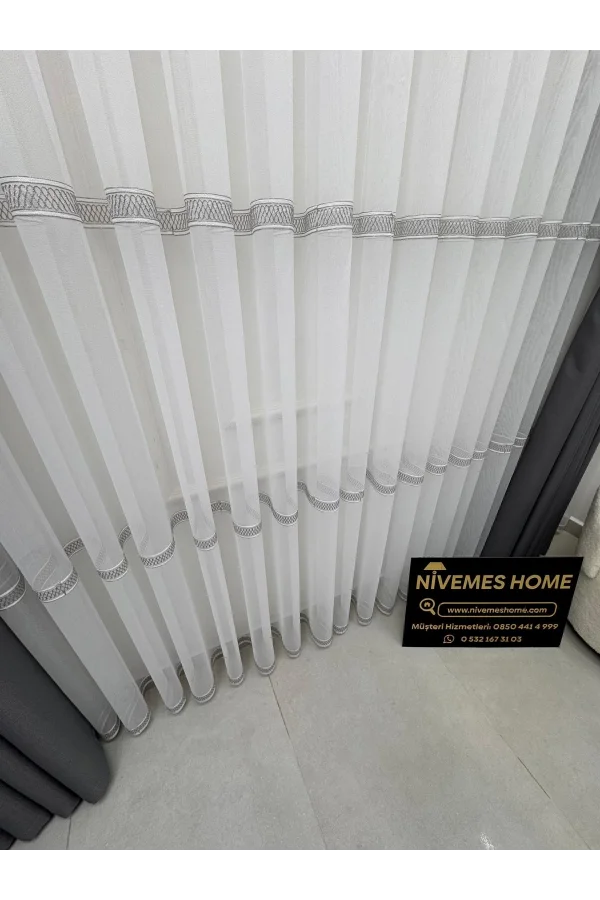 NIVEMESHOME OLIVIA 2025 V-3 SILVER DETAILED 1/3 TIGHT GATHERED TULLE CURTAIN APM