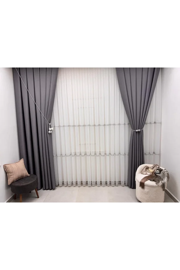 NIVEMESHOME OLIVIA 2025 V-3 SILVER DETAILED 1/3 TIGHT GATHERED TULLE CURTAIN APM