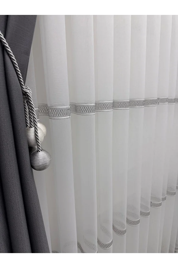 NIVEMESHOME OLIVIA 2025 V-3 SILVER DETAILED 1/3 TIGHT GATHERED TULLE CURTAIN APM