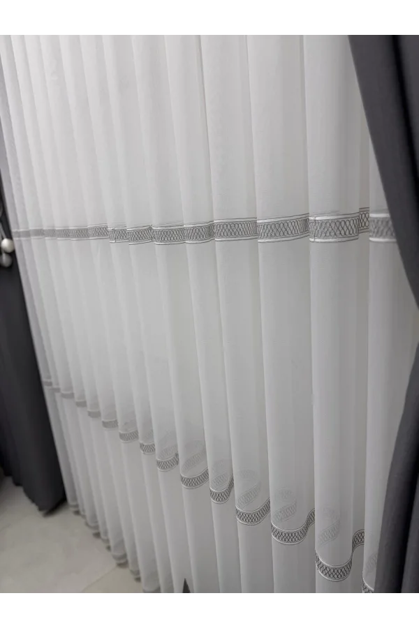 NIVEMESHOME OLIVIA 2025 V-3 SILVER DETAILED 1/3 TIGHT GATHERED TULLE CURTAIN APM