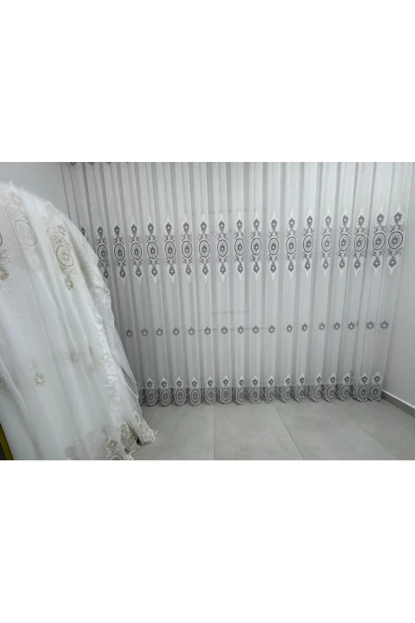 NİVEMESHOME OSMANLI MOTİFLİ 1453 GÜMÜŞ DETAYLI  1/2,5 PİLELİ TÜL PERDE APM