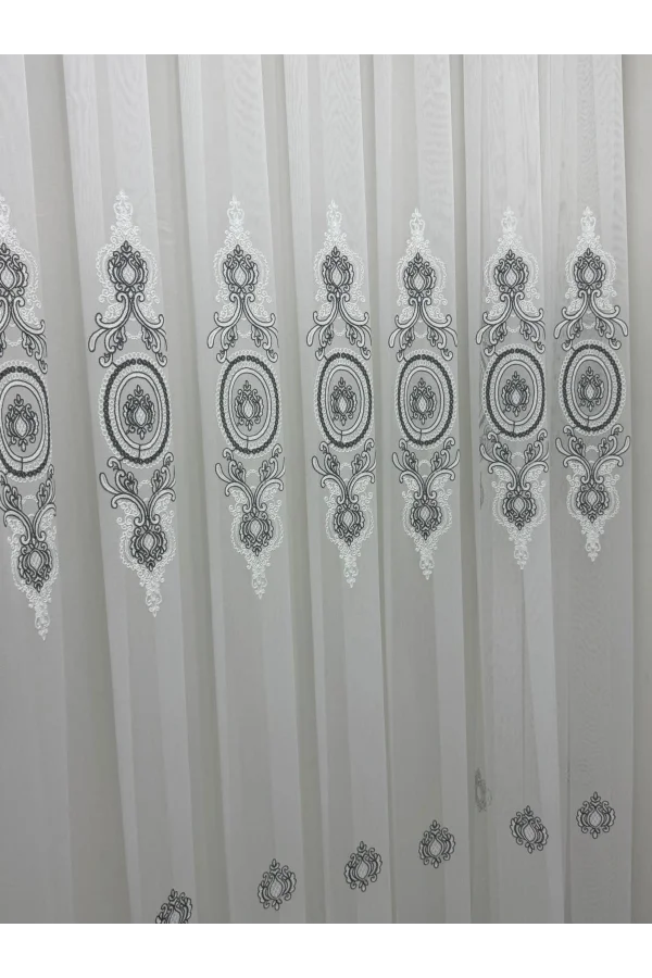NİVEMESHOME OSMANLI MOTİFLİ 1453 GÜMÜŞ DETAYLI  1/2,5 PİLELİ TÜL PERDE APM