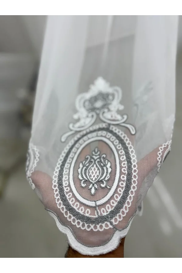 NİVEMESHOME OSMANLI MOTİFLİ 1453 GÜMÜŞ DETAYLI  1/2,5 PİLELİ TÜL PERDE APM