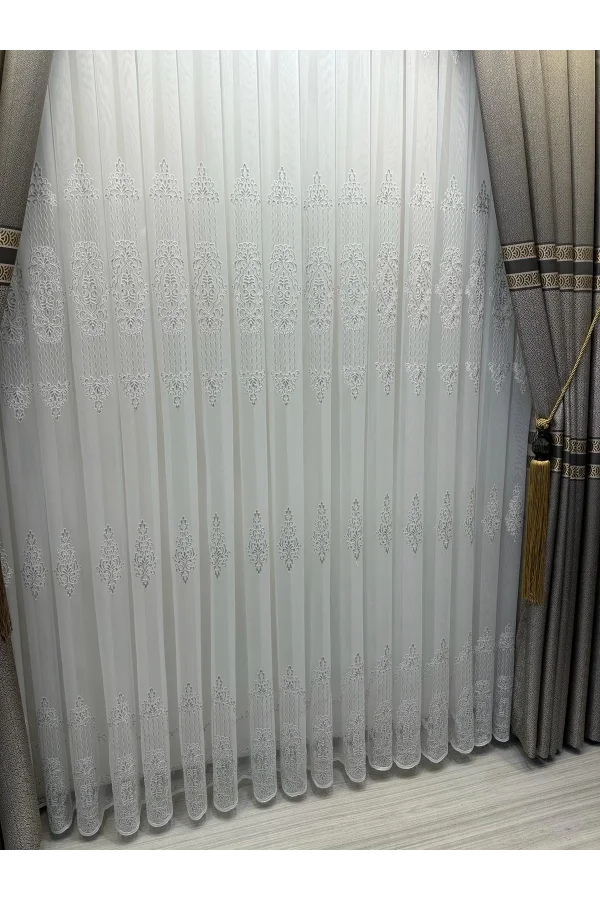 NİVEMESHOME GLITZER SILBER DETAILLIERTE 1/3 DICHT GEFALTETE TÜLL GARDINE APM