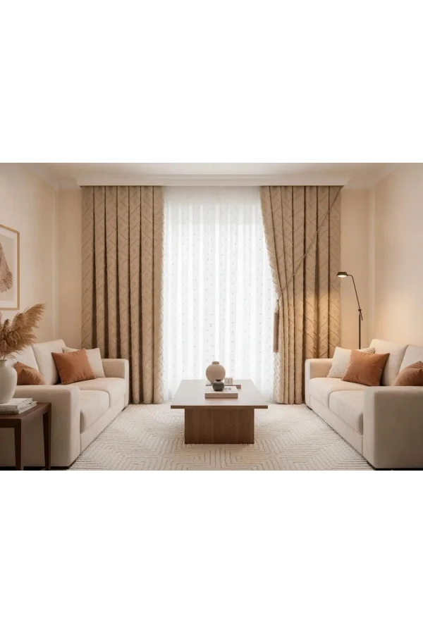 NİVEMESHOME PUFY 1-006 TAM DESEN  EKRU  1/3 PİLELİ TÜL PERDE