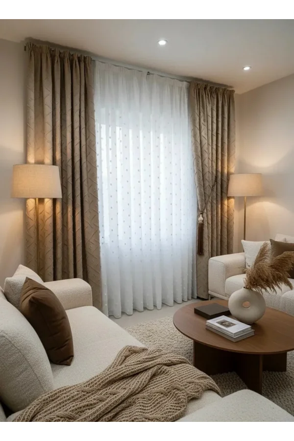 NİVEMESHOME PUFY 1-006 TAM DESEN  EKRU  1/3 PİLELİ TÜL PERDE