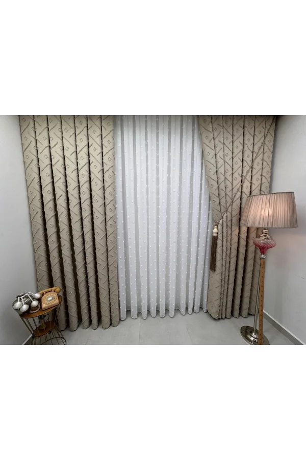 NİVEMESHOME PUFY 1-006 TAM DESEN  EKRU  1/3 PİLELİ TÜL PERDE