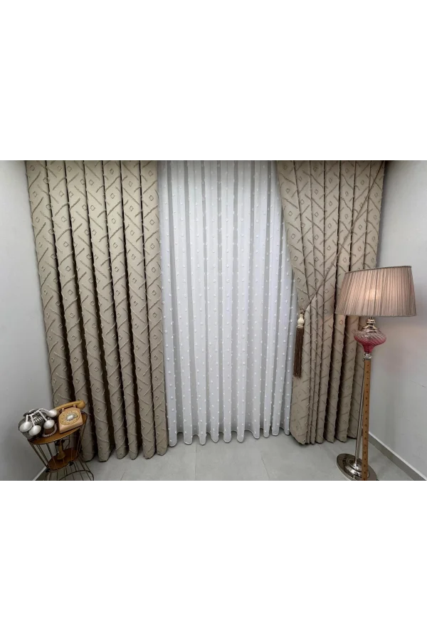 NİVEMESHOME PUFY 1-006 TAM DESEN  EKRU  1/3 PİLELİ TÜL PERDE