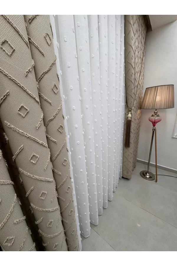 NİVEMESHOME PUFY 1-006 TAM DESEN  EKRU  1/3 PİLELİ TÜL PERDE