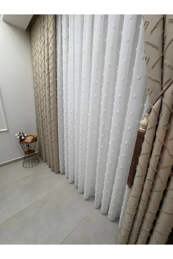 NİVEMESHOME PUFY 1-006 TAM DESEN  EKRU  1/3 PİLELİ TÜL PERDE