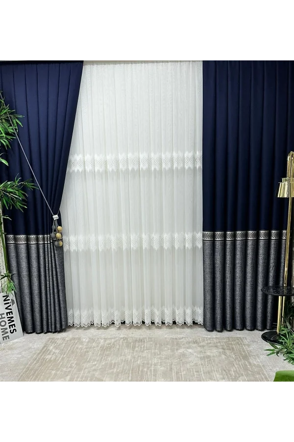 NİVEMESHOME RETRO(HAVANA V-510) NAVY- GREY 1/3 TIGHT PLEAT DRAPERY APM