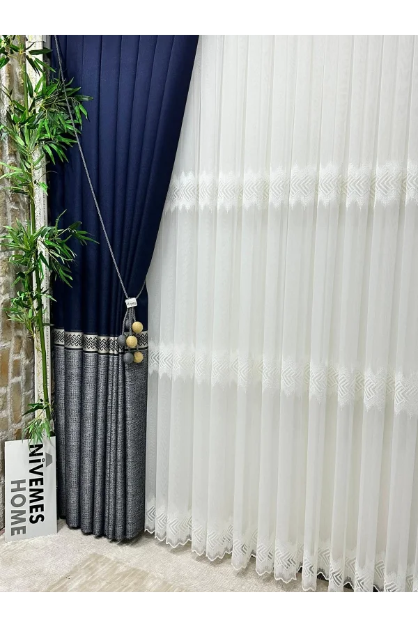 NİVEMESHOME RETRO(HAVANA V-510) NAVY- GREY 1/3 TIGHT PLEAT DRAPERY APM