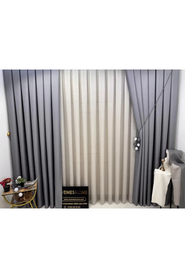 NİVEMESHOME ROMA 18542-D GRİ KETEN 1/3 SIK PİLELİ FON PERDE APM