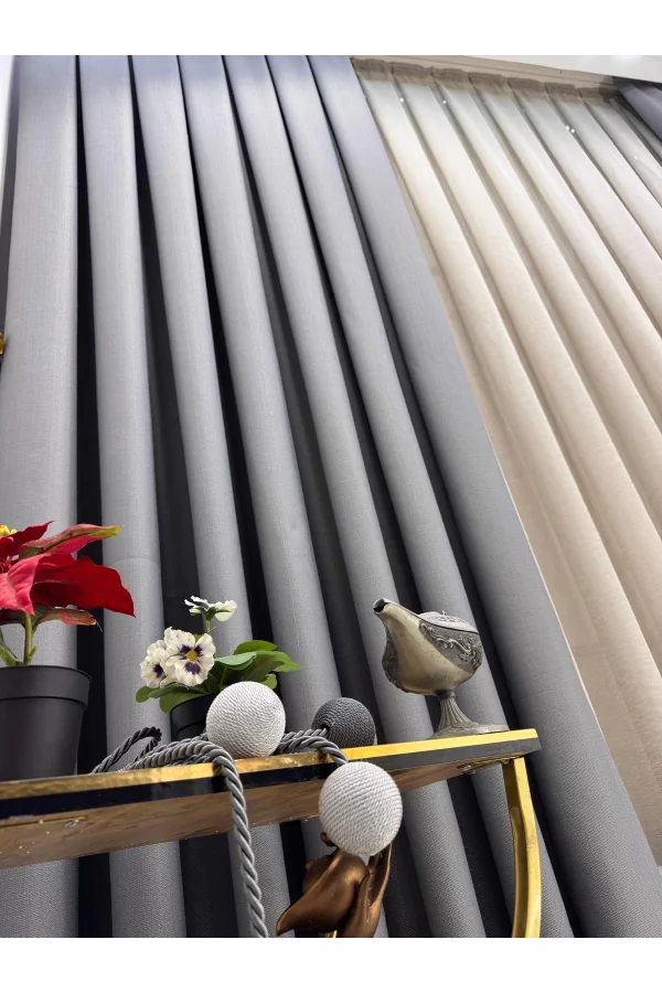 NİVEMESHOME ROMA 18542-D GRİ KETEN 1/3 SIK PİLELİ FON PERDE APM