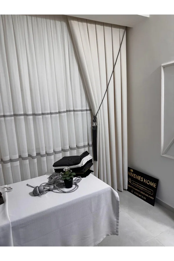 NİVEMESHOME ROMA 18542-D KREM KETEN 1/3 SIK PİLELİ FON PERDE APM