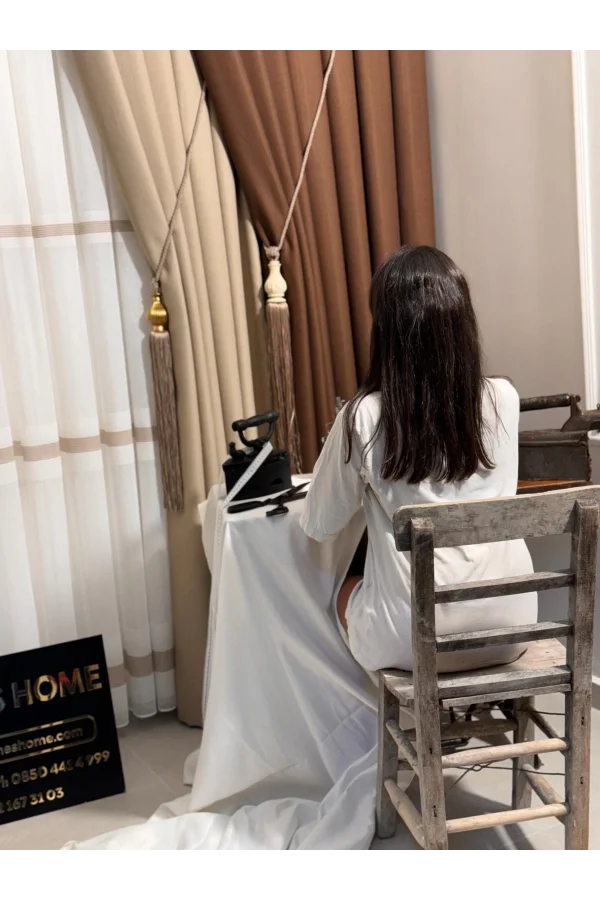 NİVEMESHOME ROMA LEINEN 1/3 DICHT GEFALTERTER KAFFEE FOND VORHANG APM