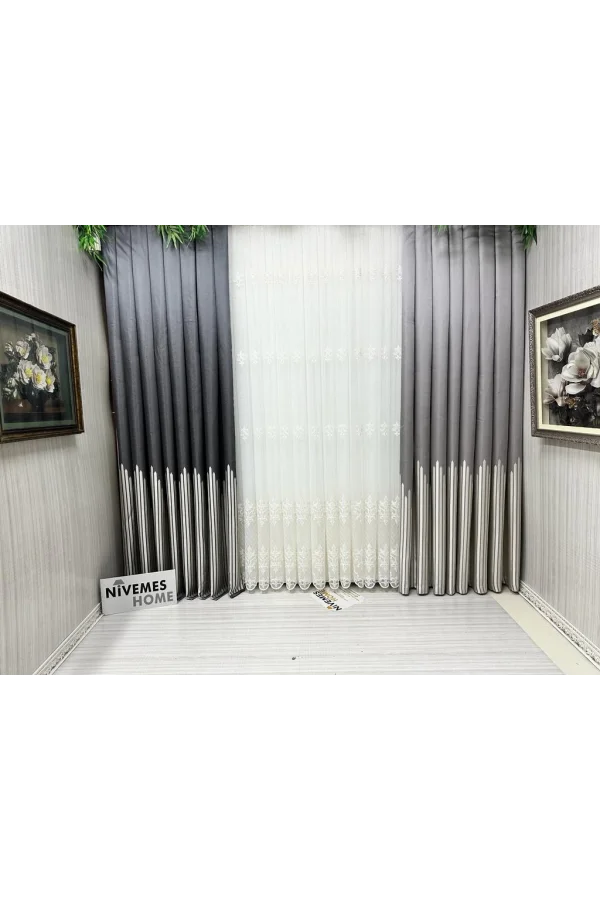 NİVEMESHOME ROYA ЗОЛОТАЯ ВЫШИВКА 5167 1/3 ГУСТОЙ ЧЕХЛОЧНЫЙ ТЮЛЬ ЗАНАВЕС КГД