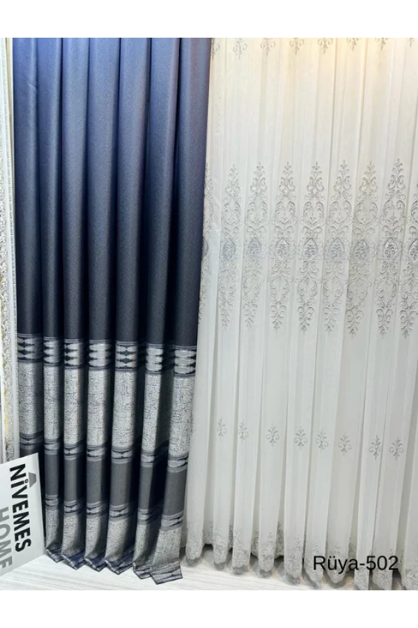 NİVEMESHOME RÜYA FT671477 LACİVERT V-502 1/3 SIK PİLELİ FON PERDE APM