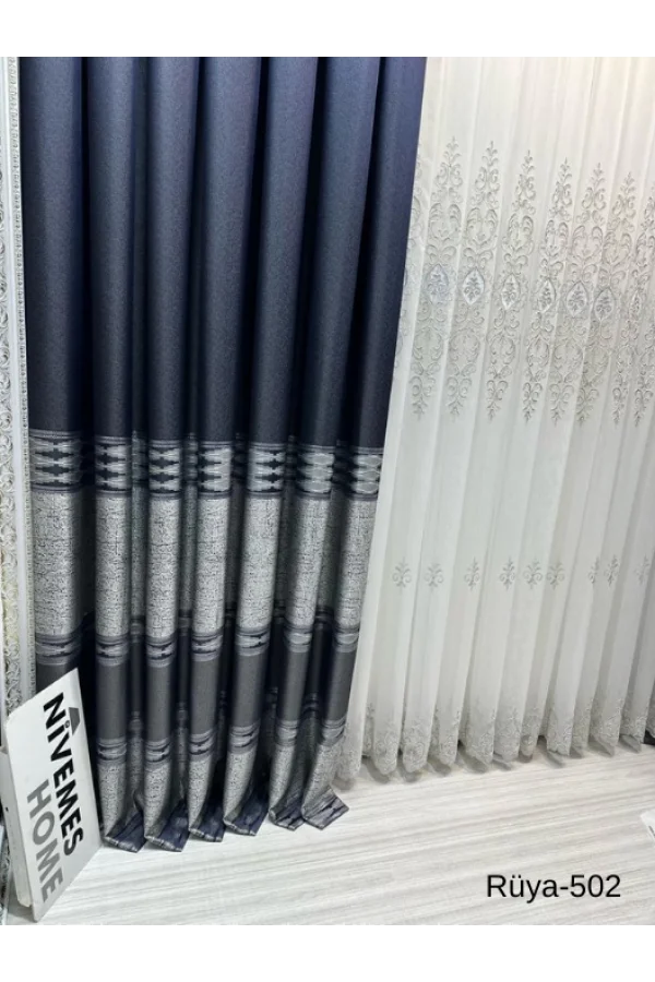 NİVEMESHOME RÜYA FT671477 LACİVERT V-502 1/3 SIK PİLELİ FON PERDE APM