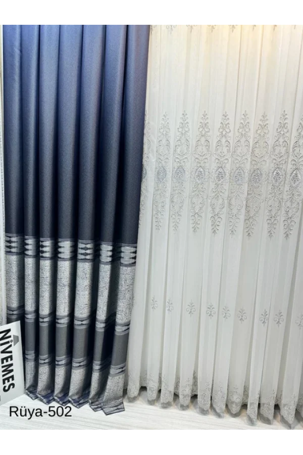 NİVEMESHOME RÜYA FT671477 LACİVERT V-502 1/3 SIK PİLELİ FON PERDE APM