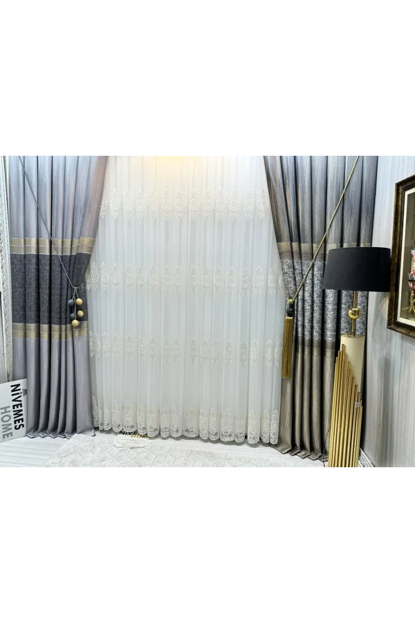 NİVEMESHOME SAMANDAĞ BEYAZ ZEMİN 1/3 SIK PİLELİ TÜL PERDE APM