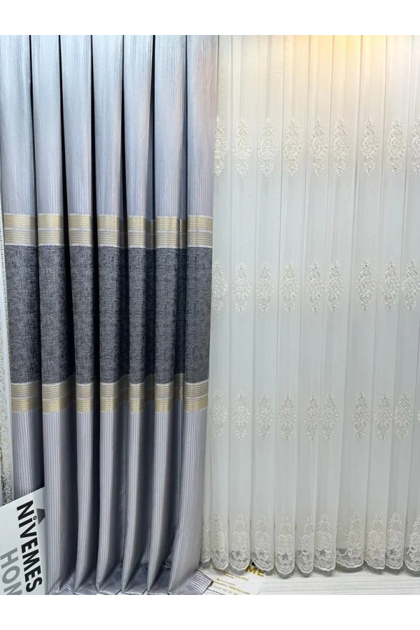 NİVEMESHOME SAMANDAĞ BEYAZ ZEMİN 1/3 SIK PİLELİ TÜL PERDE APM