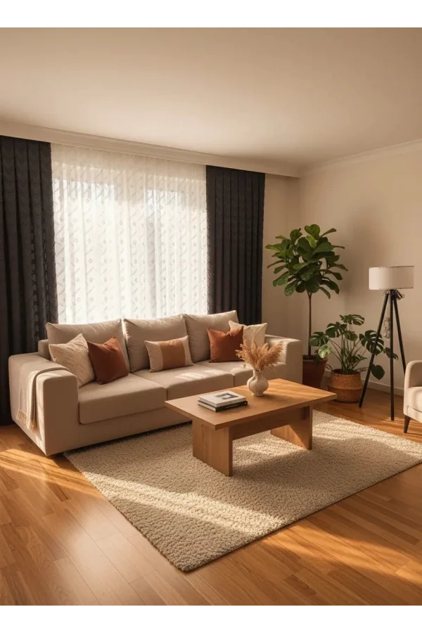 NİVEMESHOME SEDEF 1-0093 TAM DESEN EKRU 1/3 PİLELİ TÜL PERDE