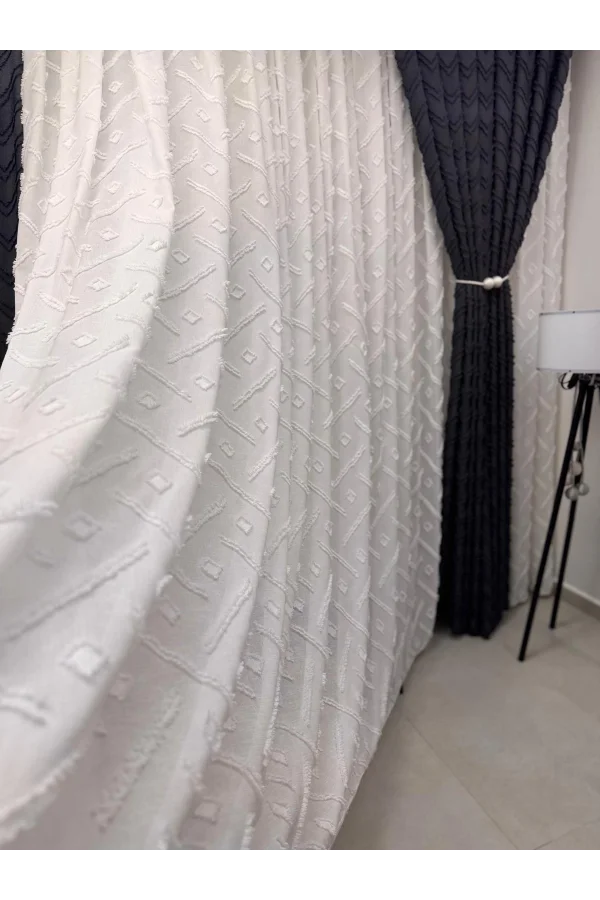 NİVEMESHOME SEDEF 1-0093 TAM DESEN EKRU 1/3 PİLELİ TÜL PERDE
