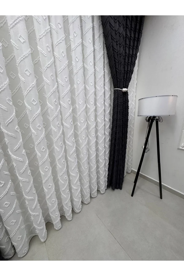 NİVEMESHOME SEDEF 1-0093 TAM DESEN EKRU 1/3 PİLELİ TÜL PERDE