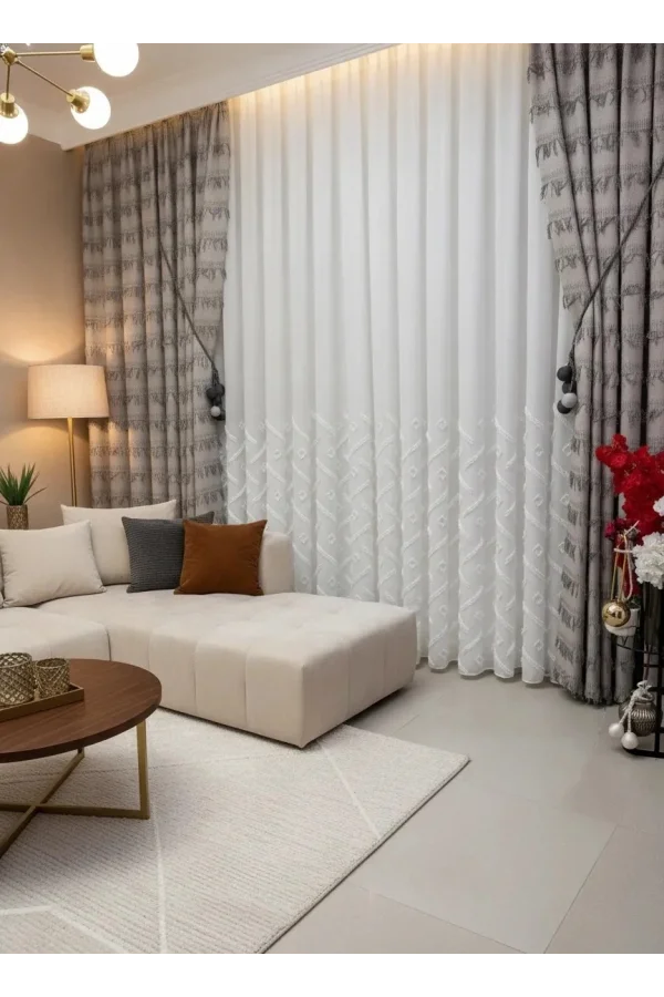 NİVEMESHOME SEDEF 1-094P YARI DESEN EKRU 1/3 PİLELİ TÜL PERDE