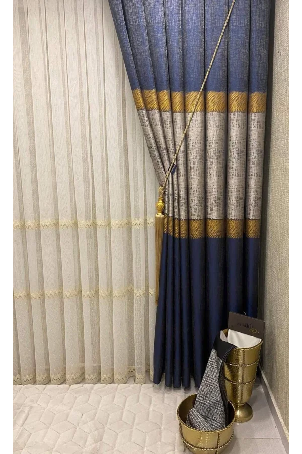 NİVEMESHOME SESİLYA ZİGZAG İŞLEMELİ GOLD 1/3 SIK PİLE TÜL PERDE APM
