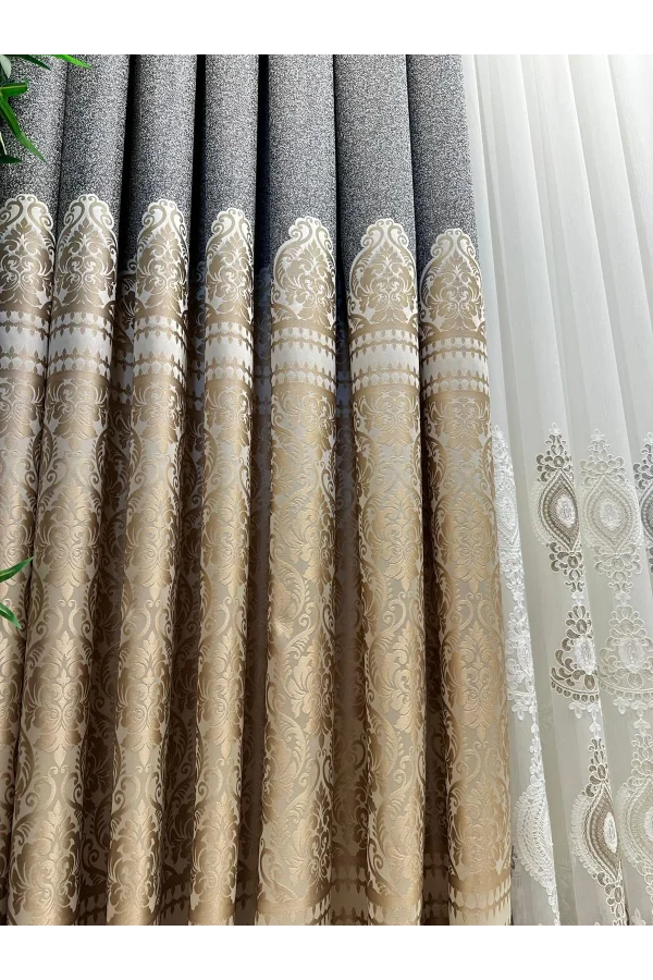 NİVEMESHOME SİDE FT632057 V-101 GRAY-CREAM 1/3 DENSE PLEATED SHEER CURTAIN APM