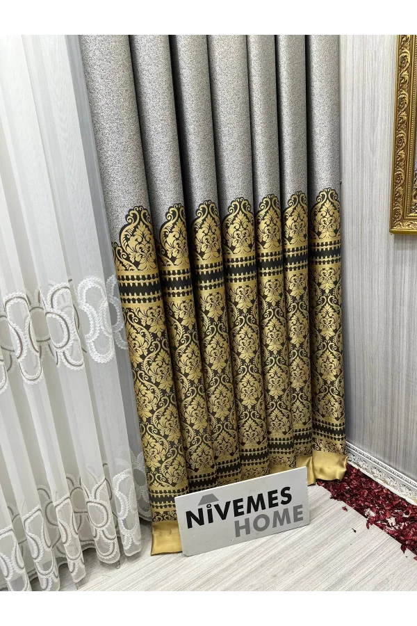 NİVEMESHOME SİDE GRİ-GOLD FT632057 V-2503 1/3 SIK PİLELİ FON PERDE APM