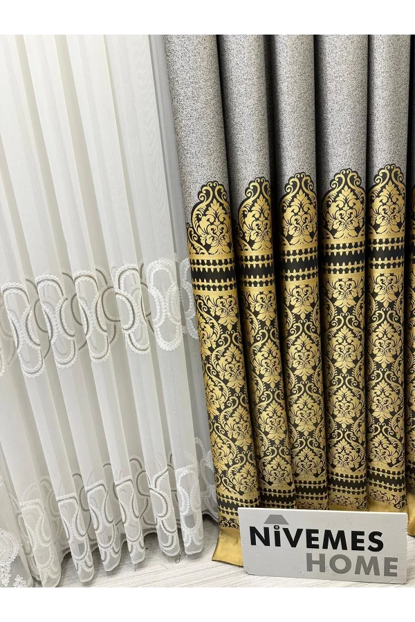 NİVEMESHOME SİDE GRİ-GOLD FT632057 V-2503 1/3 SIK PİLELİ FON PERDE APM