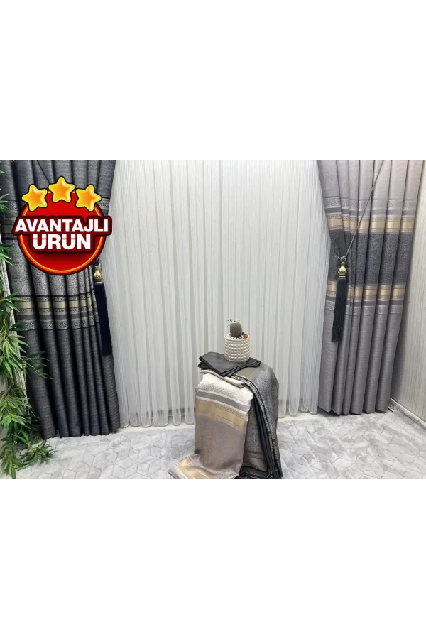 NİVEMESHOME ŞİMAL GÜMÜŞ DETAYLI 1/3 SIK PİLELİ TÜL PERDE APM