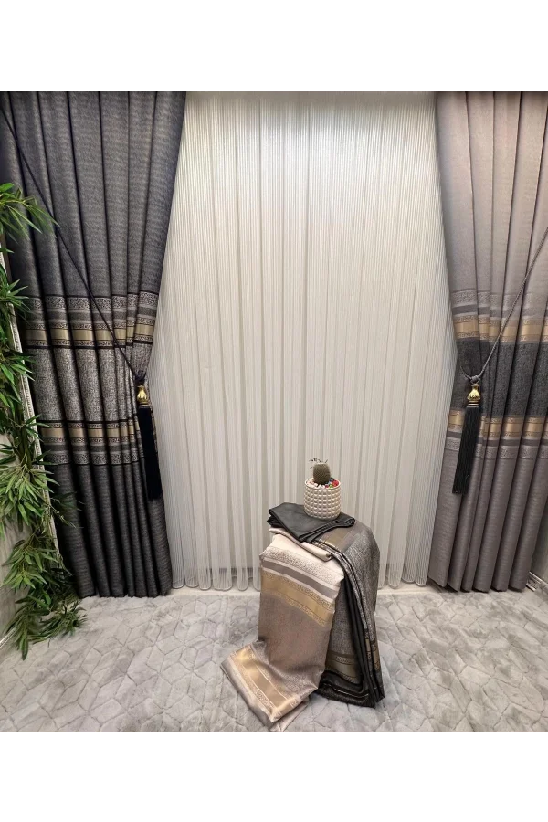 NİVEMESHOME ŞİMAL GÜMÜŞ DETAYLI 1/3 SIK PİLELİ TÜL PERDE APM