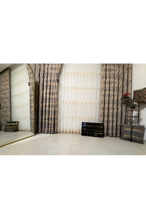 NİVEMESHOME SİNOP 523 V-104 ALTIN İŞLEMELİ 1/3 SIK PİLELİ TÜL PERDE APM