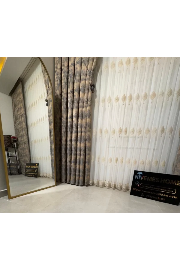 NİVEMESHOME SİNOP 523 V-104 ALTIN İŞLEMELİ 1/3 SIK PİLELİ TÜL PERDE APM