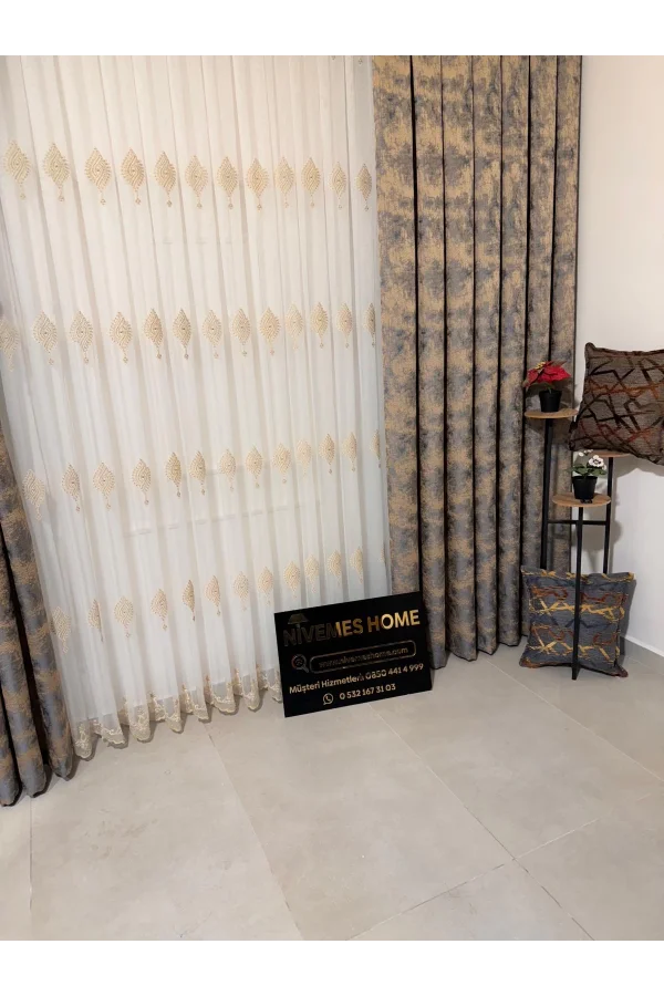 NİVEMESHOME SİNOP 523 V-104 ALTIN İŞLEMELİ 1/3 SIK PİLELİ TÜL PERDE APM