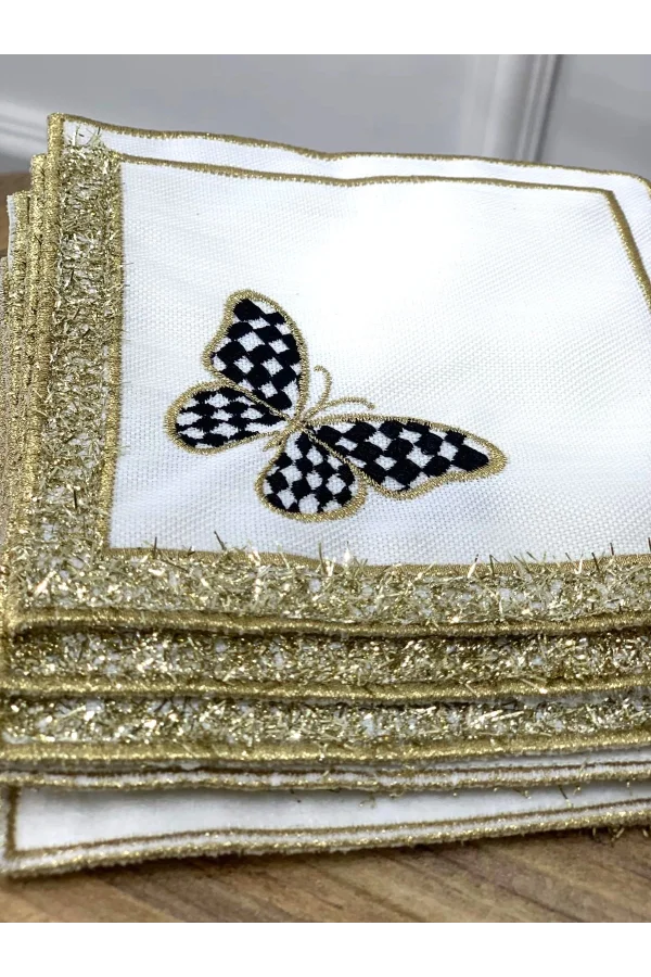 NİVEMESHOME SİYAH KELEBEK NAKIŞLI GOLD KARE (6 ADET) KETEN KOKTEYL PEÇETESİ KAHVE YANI SUNUMLUK