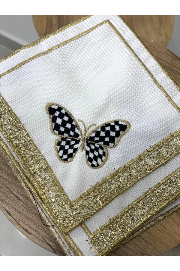 NİVEMESHOME SİYAH KELEBEK NAKIŞLI GOLD KARE (6 ADET) KETEN KOKTEYL PEÇETESİ KAHVE YANI SUNUMLUK