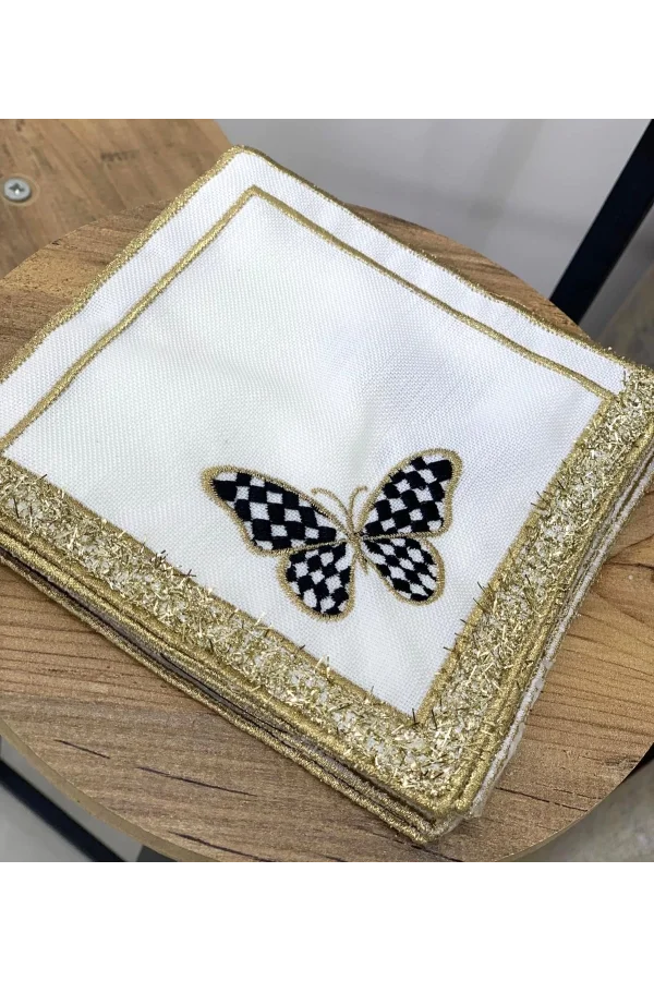 NİVEMESHOME SİYAH KELEBEK NAKIŞLI GOLD KARE (6 ADET) KETEN KOKTEYL PEÇETESİ KAHVE YANI SUNUMLUK
