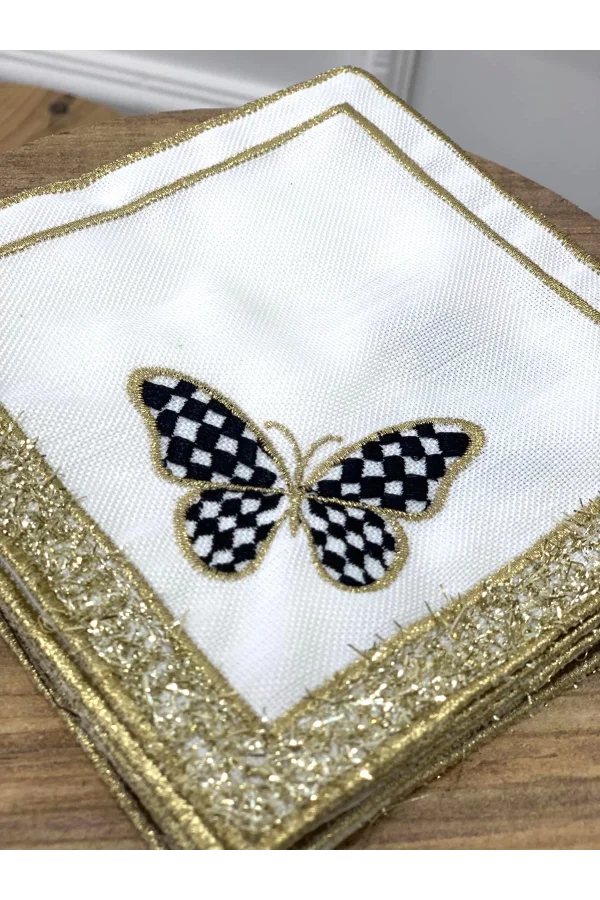 NİVEMESHOME SİYAH KELEBEK NAKIŞLI GOLD KARE (6 ADET) KETEN KOKTEYL PEÇETESİ KAHVE YANI SUNUMLUK